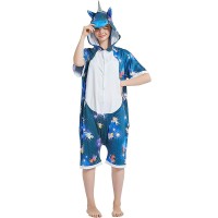 Pijama salopeta scurta, model unicorn albastru, imprimeu caluti, KIGURUMI