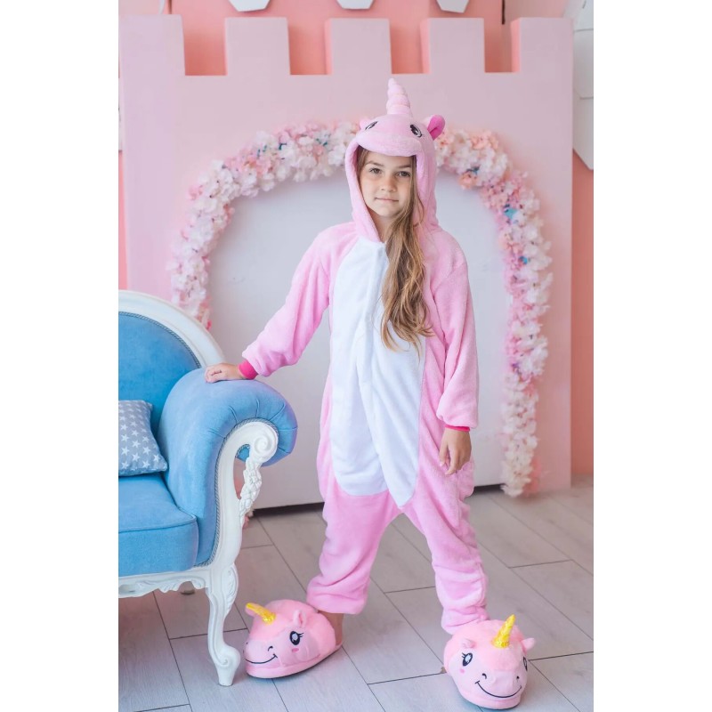 Pijama salopeta pentru copii, KIGURUMI, model Unicorn, culoare Roz, Onesie