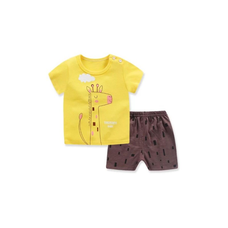 Pijama de vara, pentru copii, culoare galbena-maro, model cu girafa somnoroasa