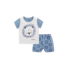 Pijama de vara, pentru copii, culoare albastra-alb, model cu leu somnoros