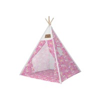 Set cort pentru copii  Teepee Montessori 165x120x120, model in stil indian, imprimeu cu unicorni, in nuante de roz intens
