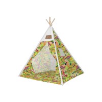Set cort pentru copii, Teepee Montessori 165x120x120, model in stil indian, imprimeu cu dinozauri, in nuante de verde