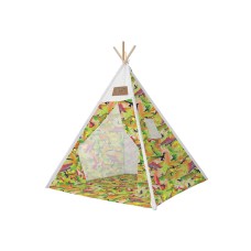 Set cort pentru copii, Teepee Montessori 165x120x120, model in stil indian, imprimeu cu dinozauri, in nuante de verde