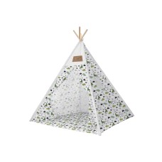 Set cort pentru copii, Teepee Montessori 165x120x120, model in stil indian, imprimeu cu dinozauri, in nuante de alb