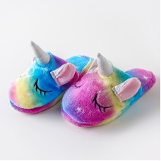 Papuci pufosi de casa pentru copii  unicorn multicolorat