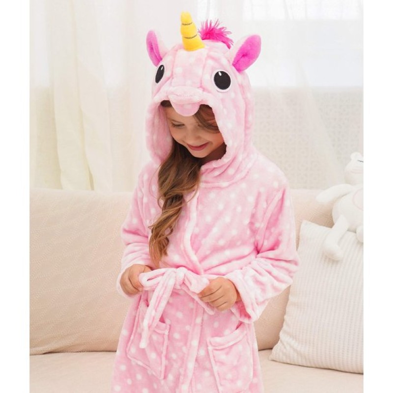 Halate de baie pentru copii, model cu Unicorn, roz-pal cu buline