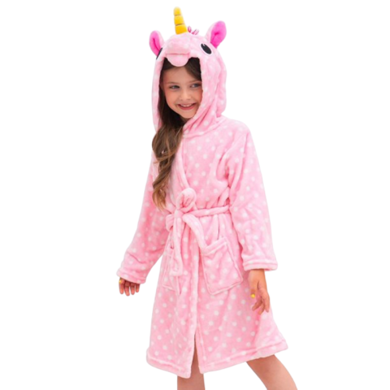 Halate de baie pentru copii, model cu Unicorn, roz-pal cu buline