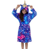 Halate de baie pentru copii, model cu Unicorn, in nuante de albastru marin, imprimeu cu stelute