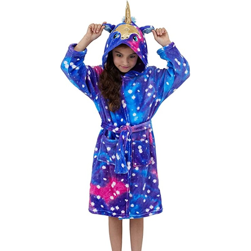Halate de baie pentru copii, model cu Unicorn, in nuante de albastru marin, imprimeu cu stelute