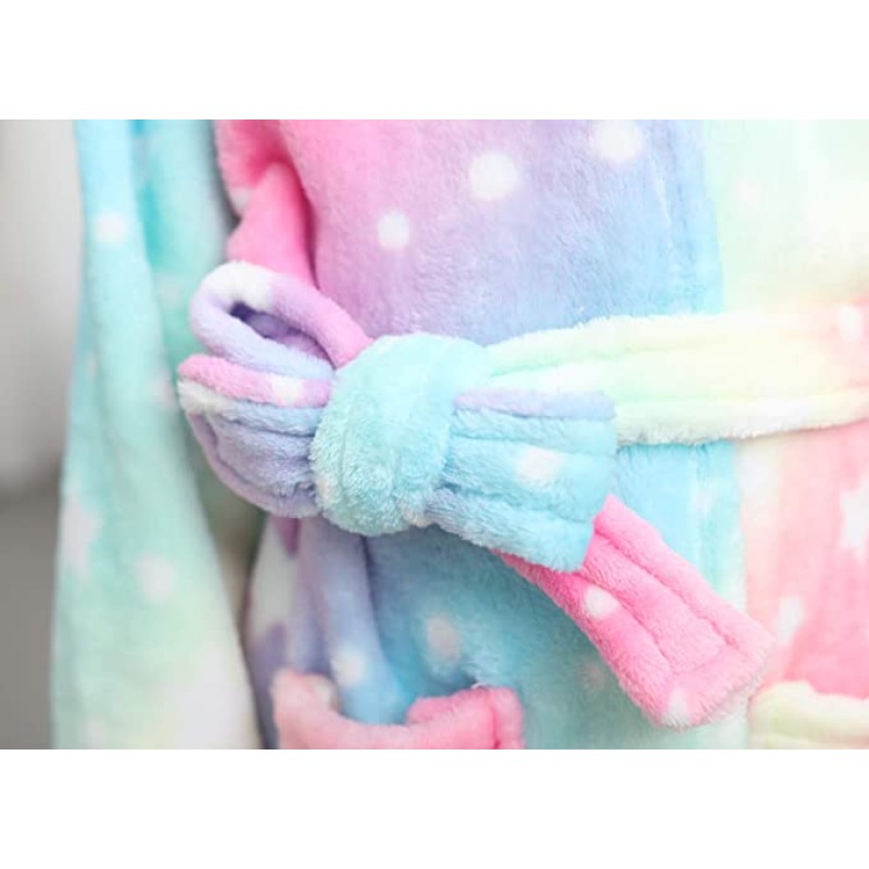 Halate de baie pentru copii, model cu Unicorn, in nuante de bleu si roz pal, imprimeu cu stelute si bulinute