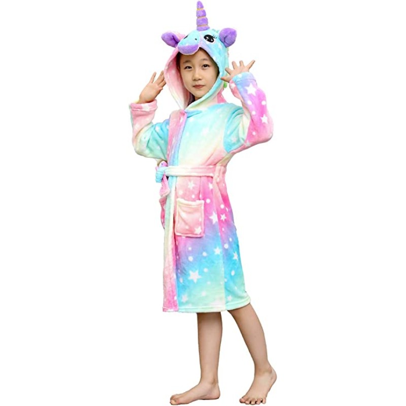 Halate de baie pentru copii, model cu Unicorn, in nuante de bleu si roz pal, imprimeu cu stelute si bulinute