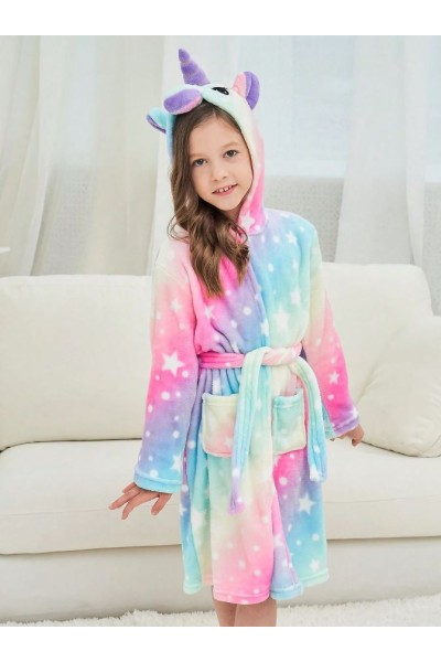 Halate de baie pentru copii, model cu Unicorn, in nuante de bleu si roz pal, imprimeu cu stelute si bulinute