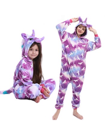 Pijama pentru copii, salopeta, Unicorn, imprimeu Inorogi, Mov, stil Onesie/ Kigurumi