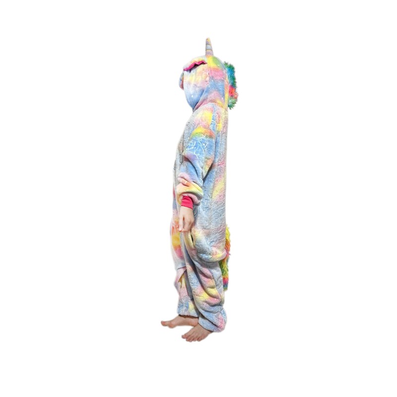 Pijama intreaga tip salopeta kigurumi pentru copii, model Unicorn, Fosforescent, multicolorat