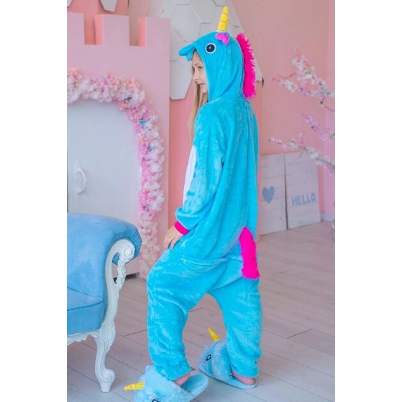 Pijama salopeta pentru copii, KIGURUMI, model Unicorn, culoare albastru,  Onesie