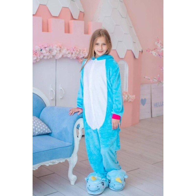 Pijama salopeta pentru copii, KIGURUMI, model Unicorn, culoare albastru,  Onesie