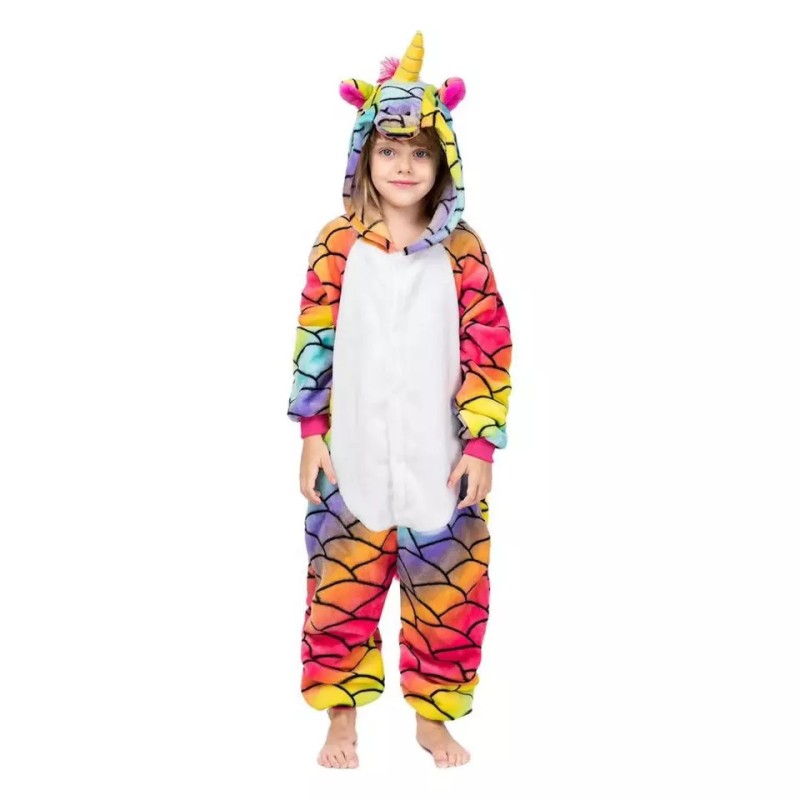 Pijama salopeta pentru copii, KIGURUMI, model Unicorn cu solzi curcubeu, culoare multicolor, Onesie