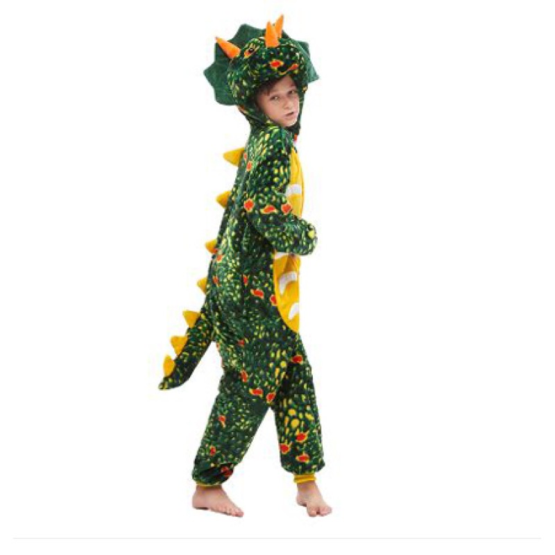 Pijama tip salopeta pufoasa, pentru copii, KIGURUMI, model dinozaur verde triceratops 
