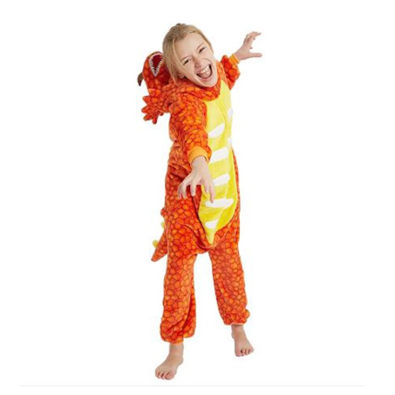 Pijama tip salopeta pufoasa, pentru copii, KIGURUMI, model dinozaur portocaliu 