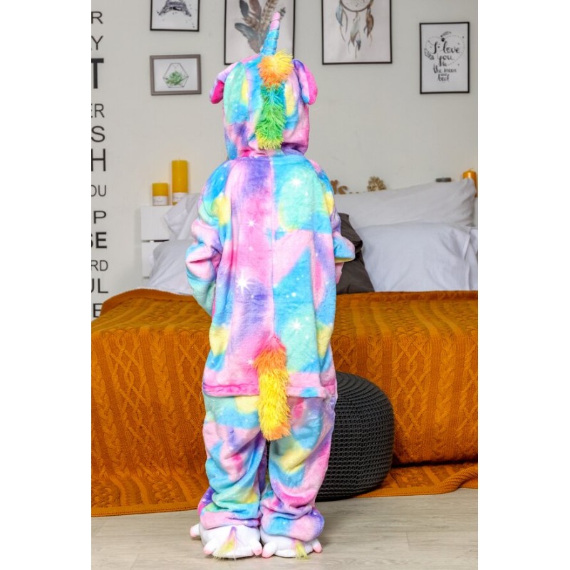 Pijama tip salopeta pufoasa, pentru copii, KIGURUMI, model unicorn multicolor sclipitor 