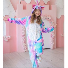 Pijama tip salopeta pufoasa, pentru copii, KIGURUMI, model unicorn multicolor sclipitor 