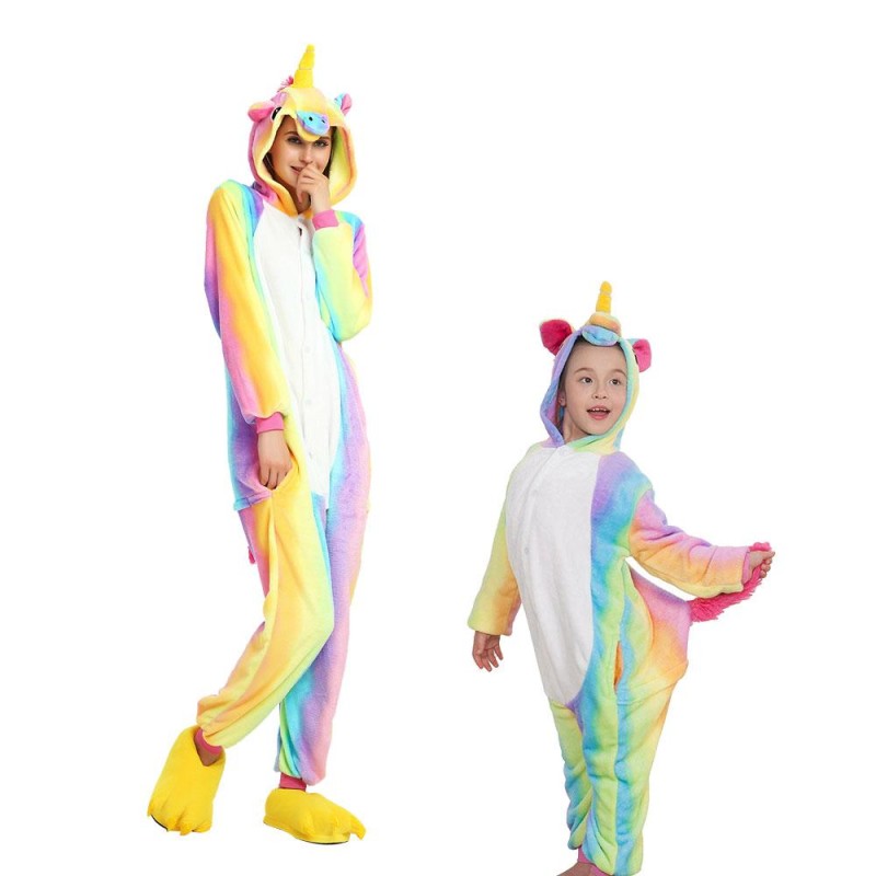 Pijama pentru copii, salopeta, Unicorn, imprimeu Curcubeu, Multicolorat, stil Onesie/ Kigurumi