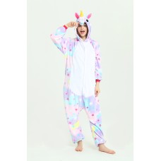 Pijama intreaga, pentru fete si baieti, tip salopeta, model Unicorn, culoare mov, imprimeu cu Stelute