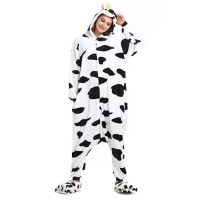 Pijama salopeta pentru copii, KIGURUMI, model Vacuta, culoare alb cu pete negre, Onesie