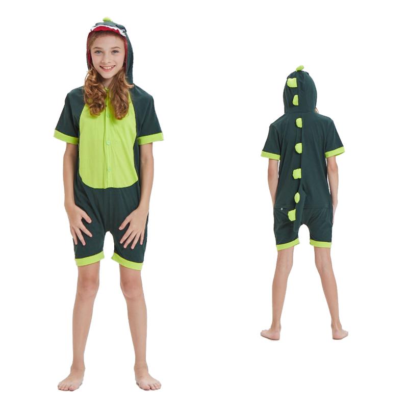 Pijama salopeta scurta pentru copii, material din bumbac, model crocodil, culoare verde, KIGURUMI