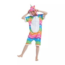Pijama salopeta scurta pentru copii, model unicorn, imprimeu cu valuri multicolore, KIGURUMI