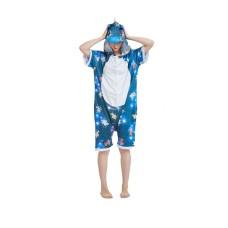 Pijama salopeta scurta, model unicorn albastru, imprimeu caluti, KIGURUMI
