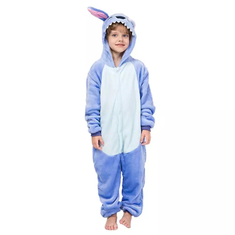 Pijama tip salopeta pufoasa, pentru copii, KIGURUMI, model Stitch, culoare albastru, Onesie