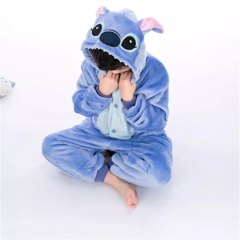 Pijama tip salopeta pufoasa, pentru copii, KIGURUMI, model Stitch, culoare albastru, Onesie