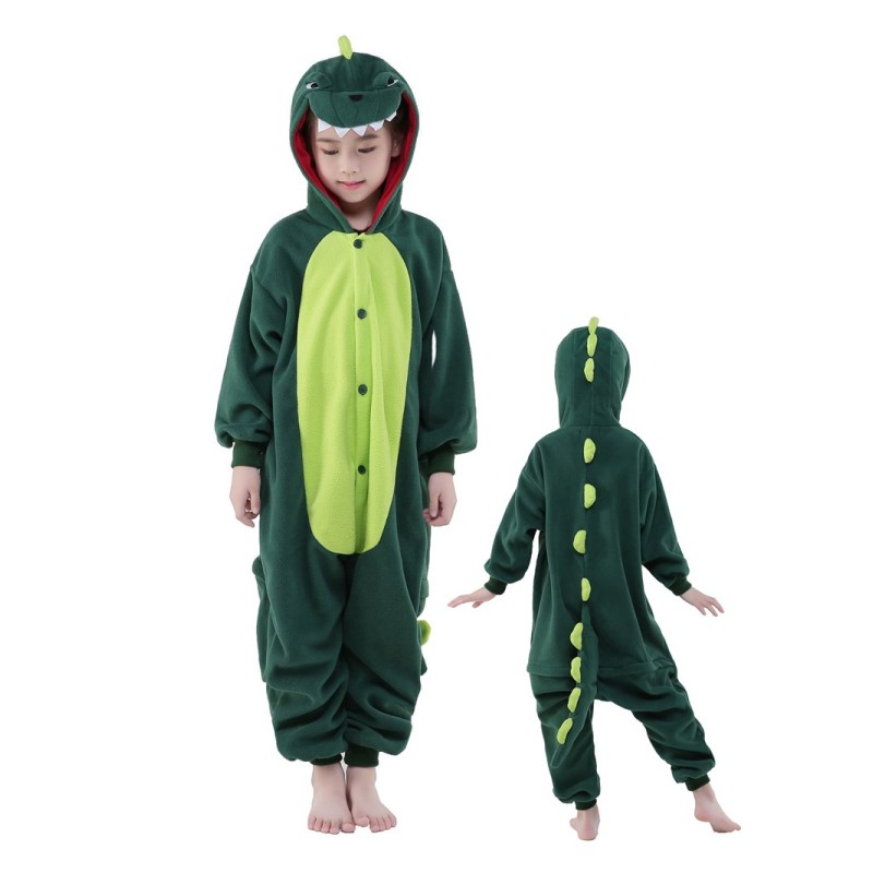 Pijama intreaga, pentru fete si baieti, tip salopeta, model dinozaur fioros, culoare verde