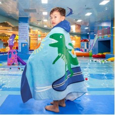 Prosop de baie copii tip poncho, culoare albastru, model cu dinozaur surfer verde, 120x60cm