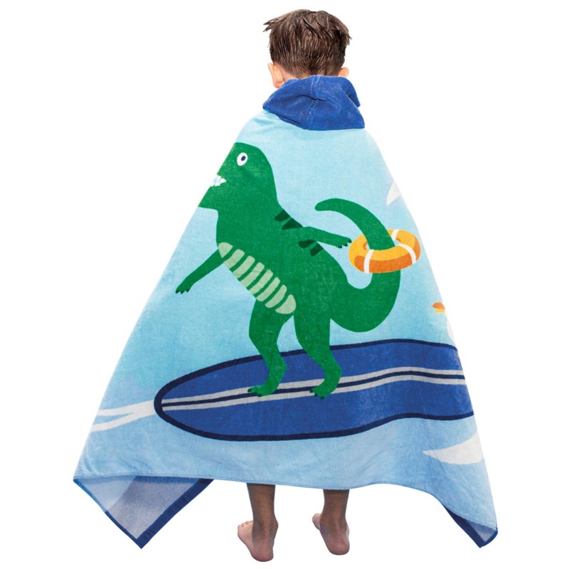 Prosop de baie copii tip poncho, culoare albastru, model cu dinozaur surfer verde, 127x76cm