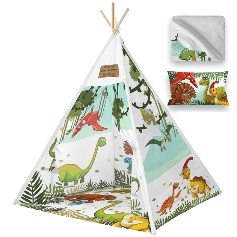 Set cort pentru copii, Teepee Montessori 165x120x120, model in stil indian, imprimeu cu dinozauri T-rex, nuante de alb