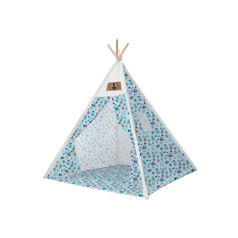 Set cort pentru copii, Teepee Montessori 165x120x120, model in stil indian, imprimeu cu vapoare, in nuante de bleu