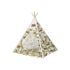 Set cort pentru copii, Teepee Montessori 165x120x120, model in stil indian, imprimeu cu lei, in nuante de alb