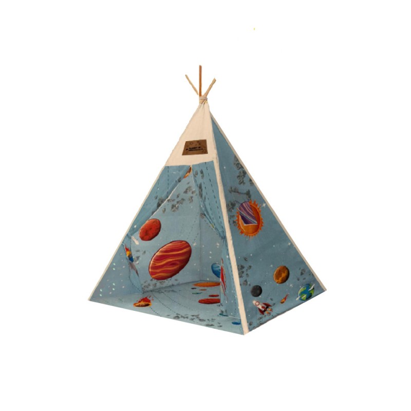Set cort pentru copii, Teepee Montessori 165x120x120, model in stil indian, Model cu planete, in nuante de bleu