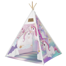 Set cort pentru copii, Teepee Montessori 165x120x120, model in stil indian, imprimeu cu unicorn regal, nuante de roz