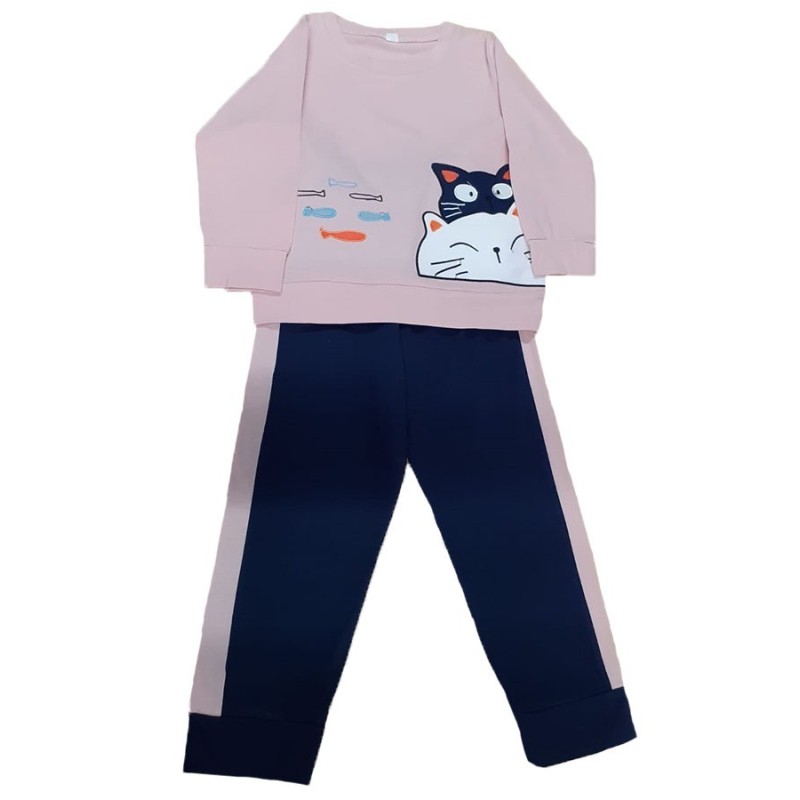 Pijama imprimeu cu pisicute, culoare Roz/ Negru