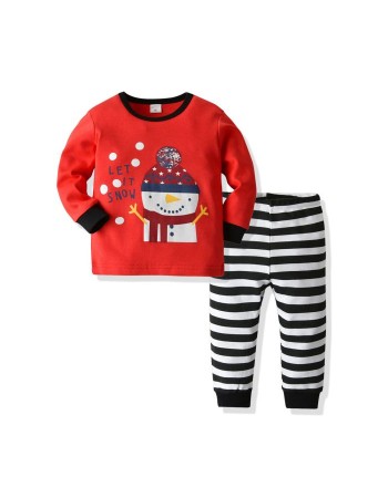 Pijama copii, model indragit cu Omul de Zapada Zambaret, in nuante de rosu, alb si negru, bluza cu maneca lunga si pantaloni lungi