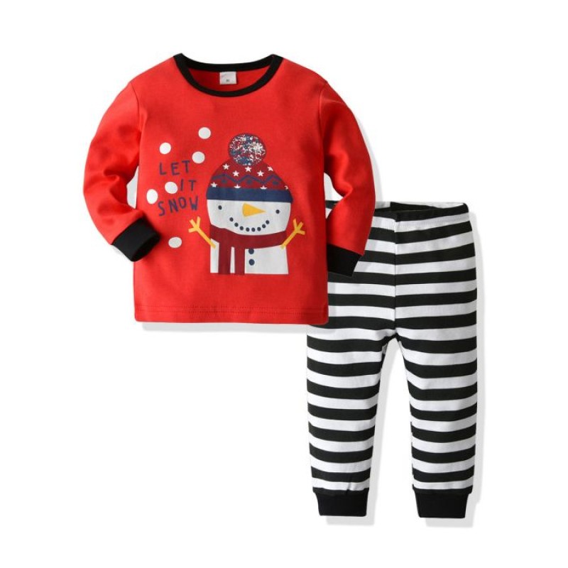 Pijama copii, model indragit cu Omul de Zapada Zambaret, in nuante de rosu, alb si negru, bluza cu maneca lunga si pantaloni lungi
