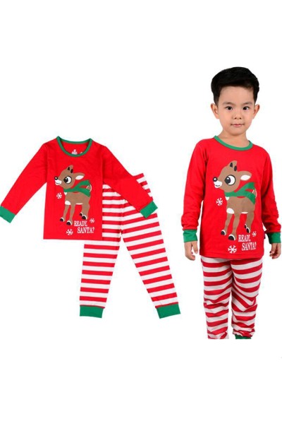 Pijama copii, model indragit cu Renul lui Mos Craciun  RUDOLF, in nuante de rosu, alb si verde, bluza cu maneca lunga si pantaloni lungi