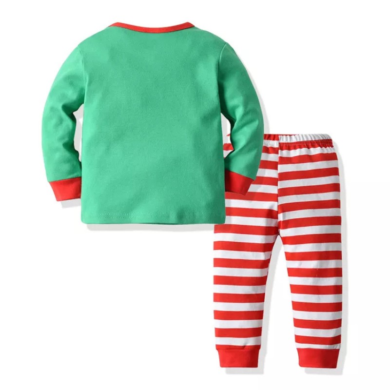 Pijama copii, model indragit cu Mos Craciun, in nuante de verde, rosu si alb, bluza cu maneca lunga si pantaloni lungi