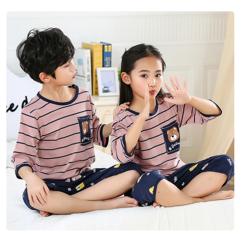 Pijama trei sferturi pentru copii, roz cu bleumarin, cu imprimeu ursulet