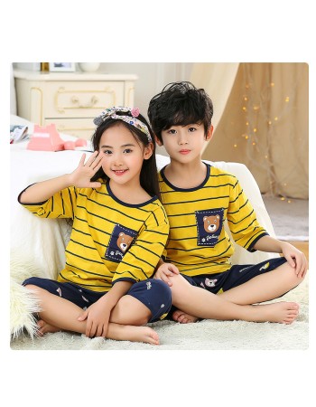 Pijama trei sferturi pentru copii, galben cu bleumarin, cu imprimeu ursulet