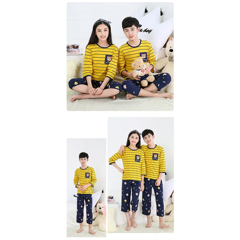 Pijama trei sferturi pentru copii, galben cu bleumarin, cu imprimeu ursulet
