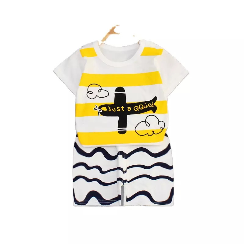 Pijama de vara, pentru copii, culoare alb-galben, model cu avion